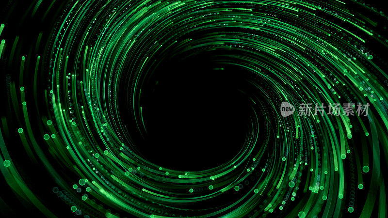 3 d渲染。抽象漩涡波浪绿色霓虹灯线在运动，孤立在黑色背景